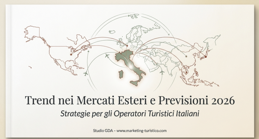 Mappa dei mercati turistici esteri monitorati: Germania, Francia, Regno Unito, USA, Giappone, Cina, Canada e Corea del Sud con indicatori di trend e crescita 2024-2025